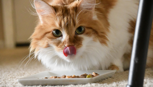 Cat eating from a bowl with mixed old and new food